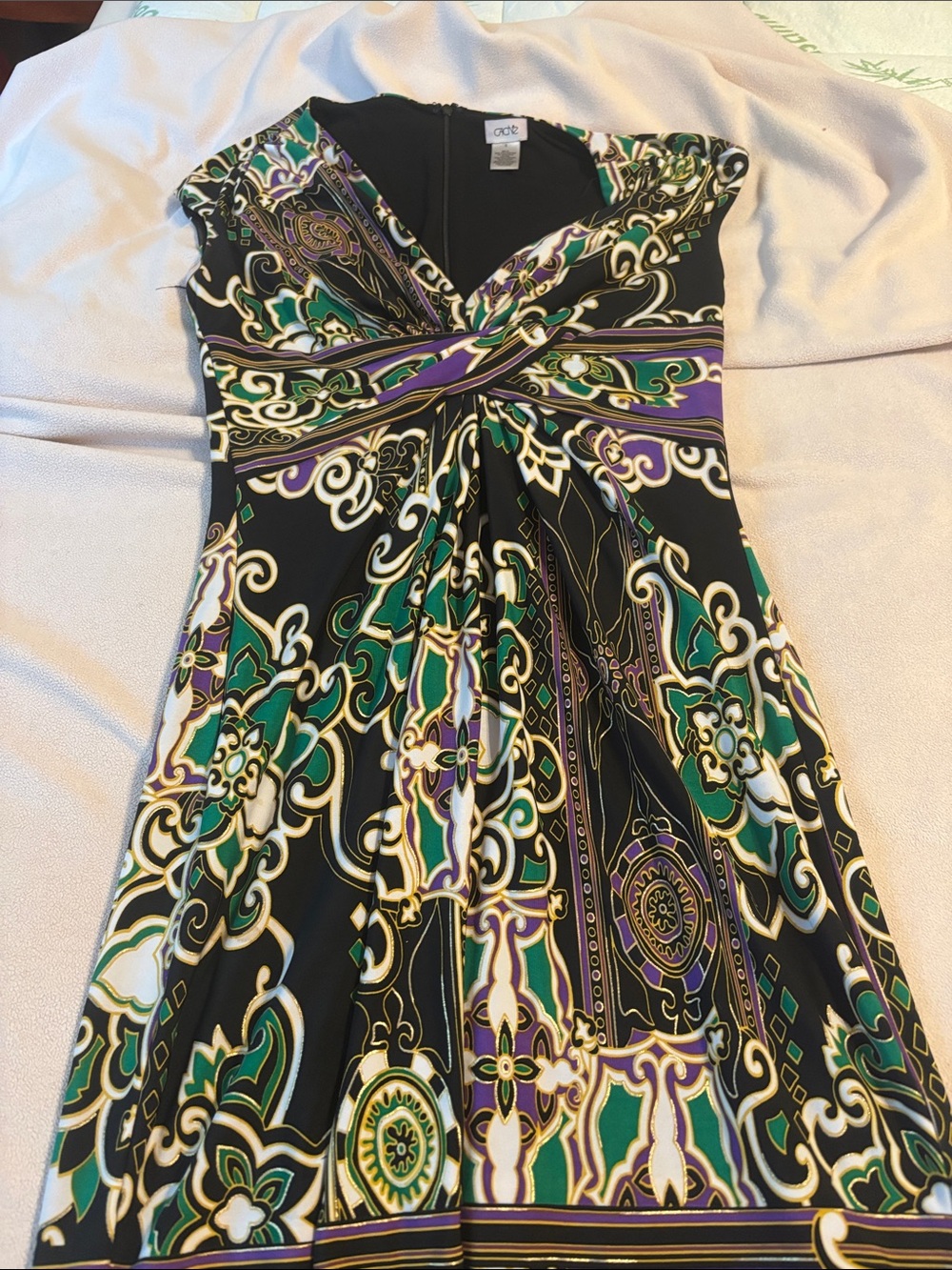 Cache Black Green Purple Twist-Front Midi Dress